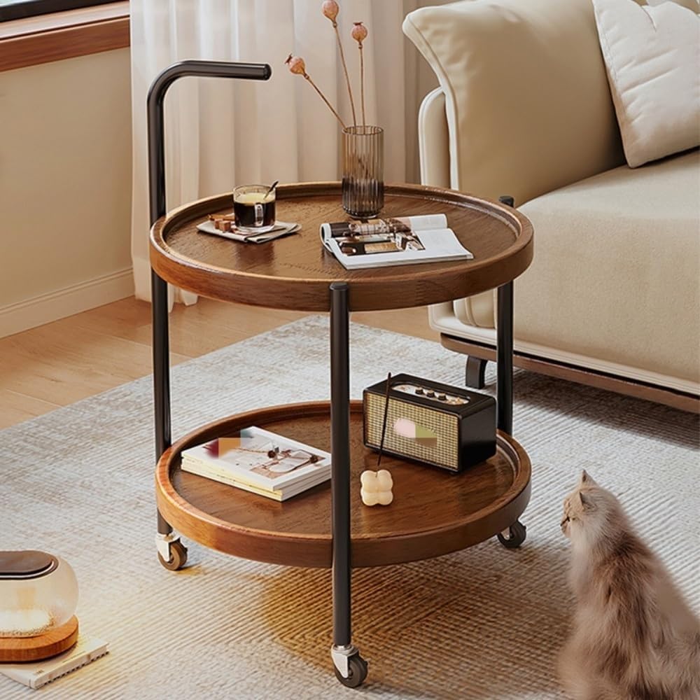 Chariot de rangement rond en bois à 2 niveaux avec roulettes pour salon et maison