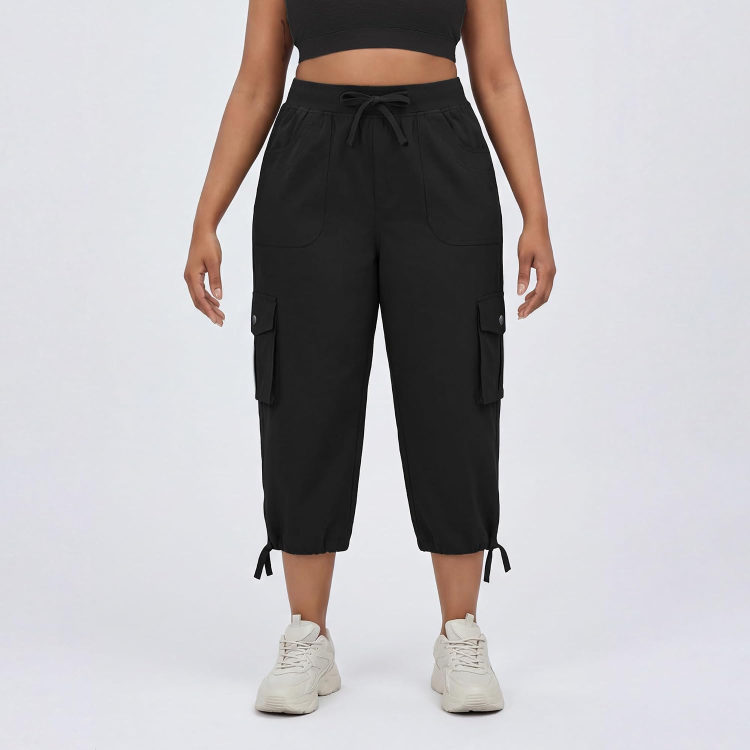 Plus Size Capris for Women with Pockets-Lightweight Stretch Pull-On Cargo Wide Leg Cropped Activewear Joggers Sweatpants
