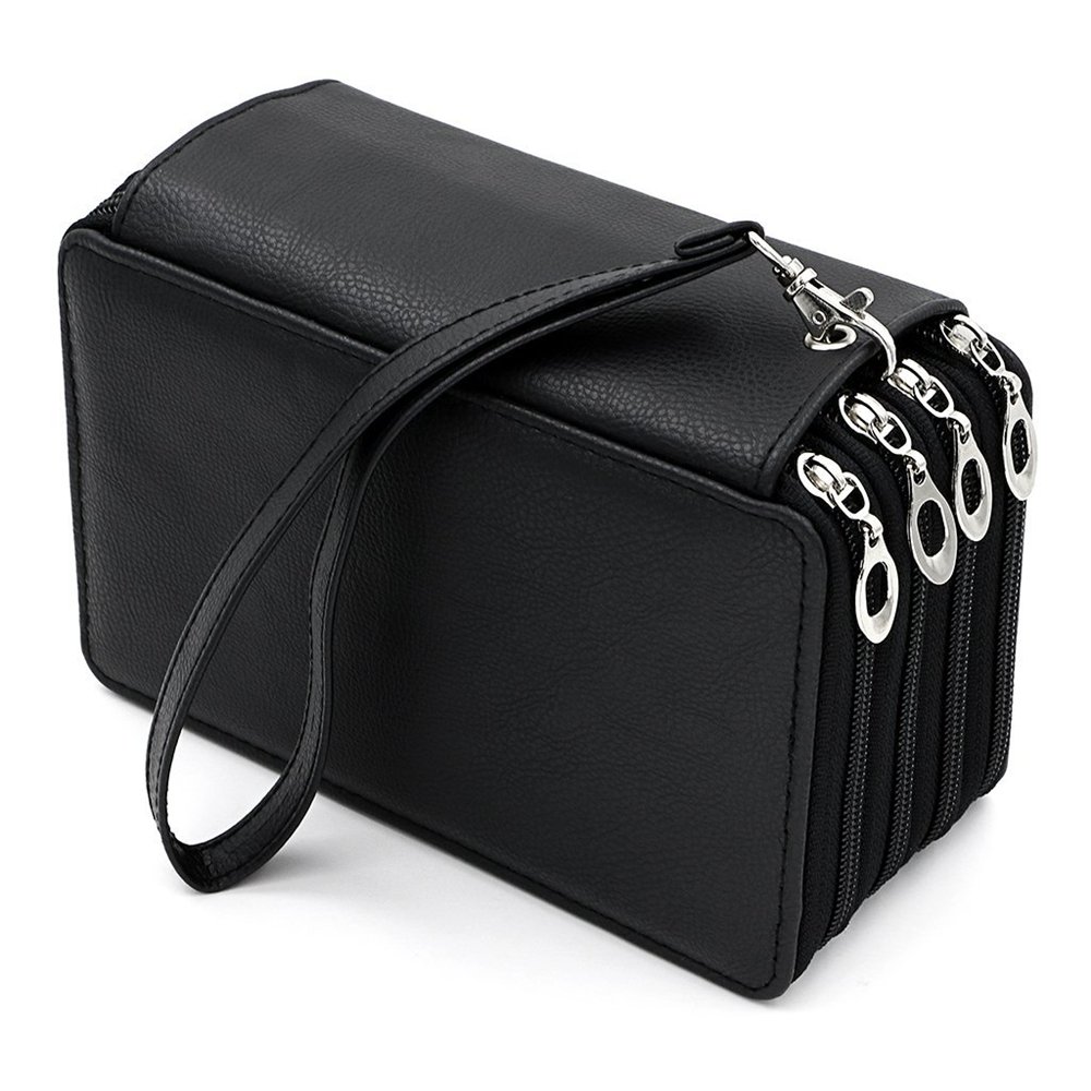 Large Polyurethane Leather Pencil Case for 72 Pencils, Make-Up Case, Stationary Pouch, Cosmetics Case, Organiser, for Prismacolour Pencils, Watercolour Pencils Black