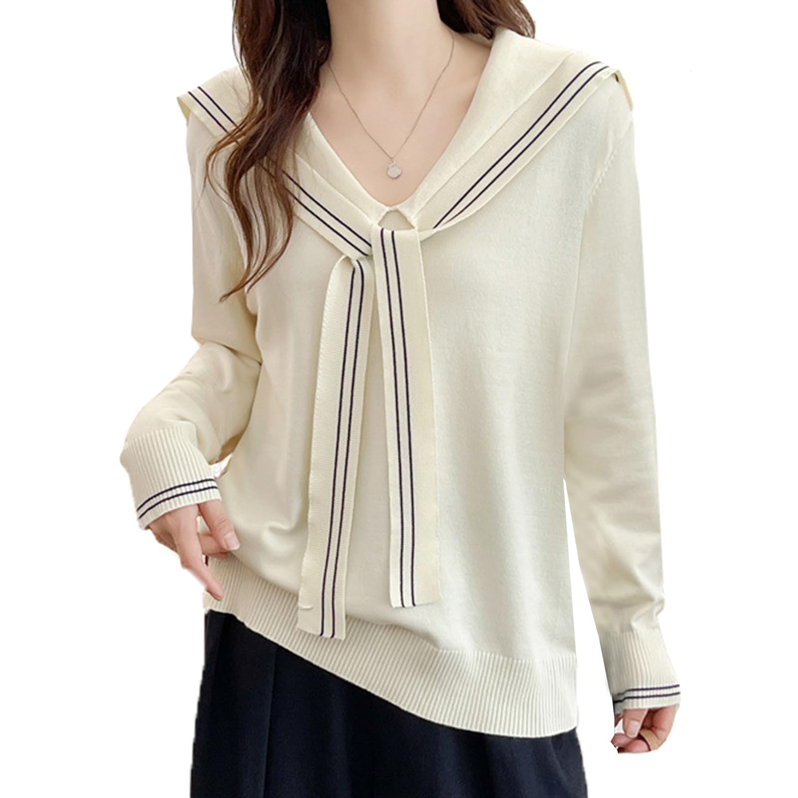 Womens Sailor Collar Sweater Long Sleeve Knit Pullover Top with Striped Trim