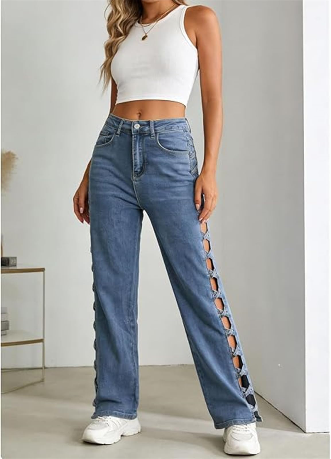 Jeans pour Femmes à Taille Haute et Jambes Droites - Pantalon en Denim Tendance avec découpe latérale à Lacets