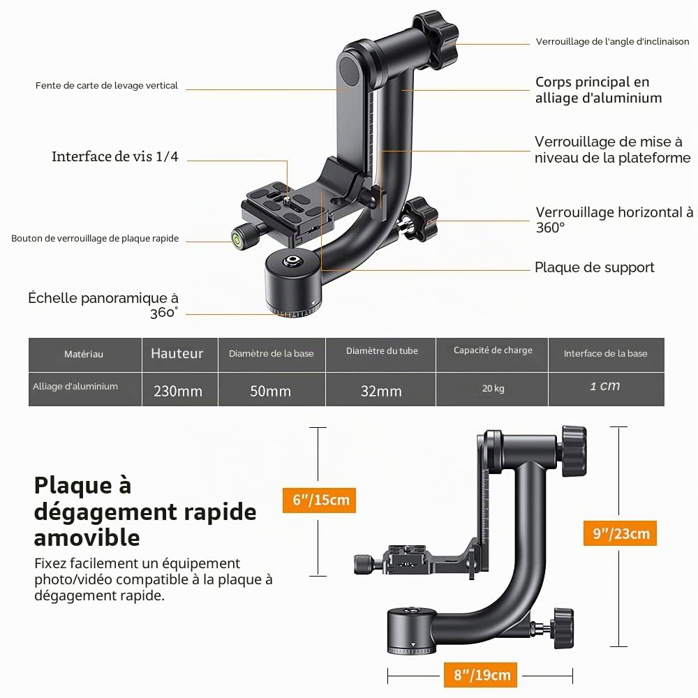 K&F Concept Tête de Trépied Panoramique 360° en Aluminium Plaque Rapide Standard 1/4" et Niveau à Bulle, Plage de Levage 70mm Charge 20KG pour Caméra Appareil Photo Reflex Numérique DSLR