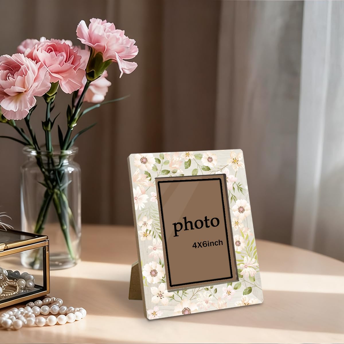 Rustykalna kwiatowa ramka na zdjęcia, eleganckie kwiatowe ramki na zdjęcia 10 x 15 cm, ekspozycja na biurko na blacie, romantyczna ramka z kwiatami botanicznymi do dekoracji domu lub na prezent