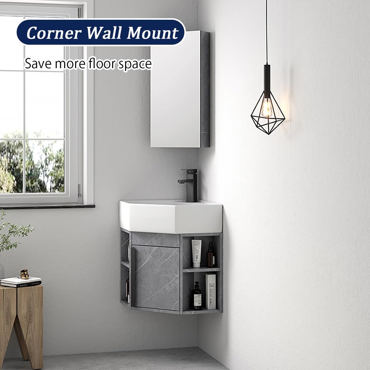 Lavabo De Esquina For Baño Pequeño,Mueble Baño Con Lavabo,Lavabo De Cerámica,Lavabo De Porcelana Mural,Lavabo De Baño Con Contenedor De Almacenamiento,Para Tu Baño Principal Y De Invitados(Brown)