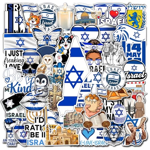 HIZILY 50 Pcs Israel Stickers Israeli Flag Vinyl Decal Waterproof Jewish Sticker Water Bottle Laptop Luggage Phone Tablet Scrapbooking Journal Skateboard Helmet Gifts for Teens Adults Friends