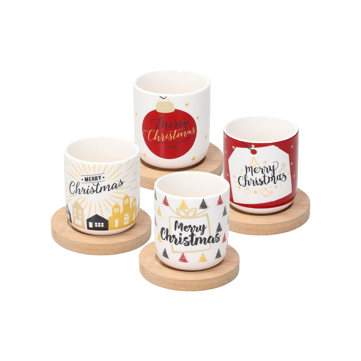 Avilia Set of 4 Wooden Cups with Saucers and Christmas Decoration – Set of 4 Christmas Tea Cups with Wooden Coaster, Porcelain and Wood, Cups 200 cc