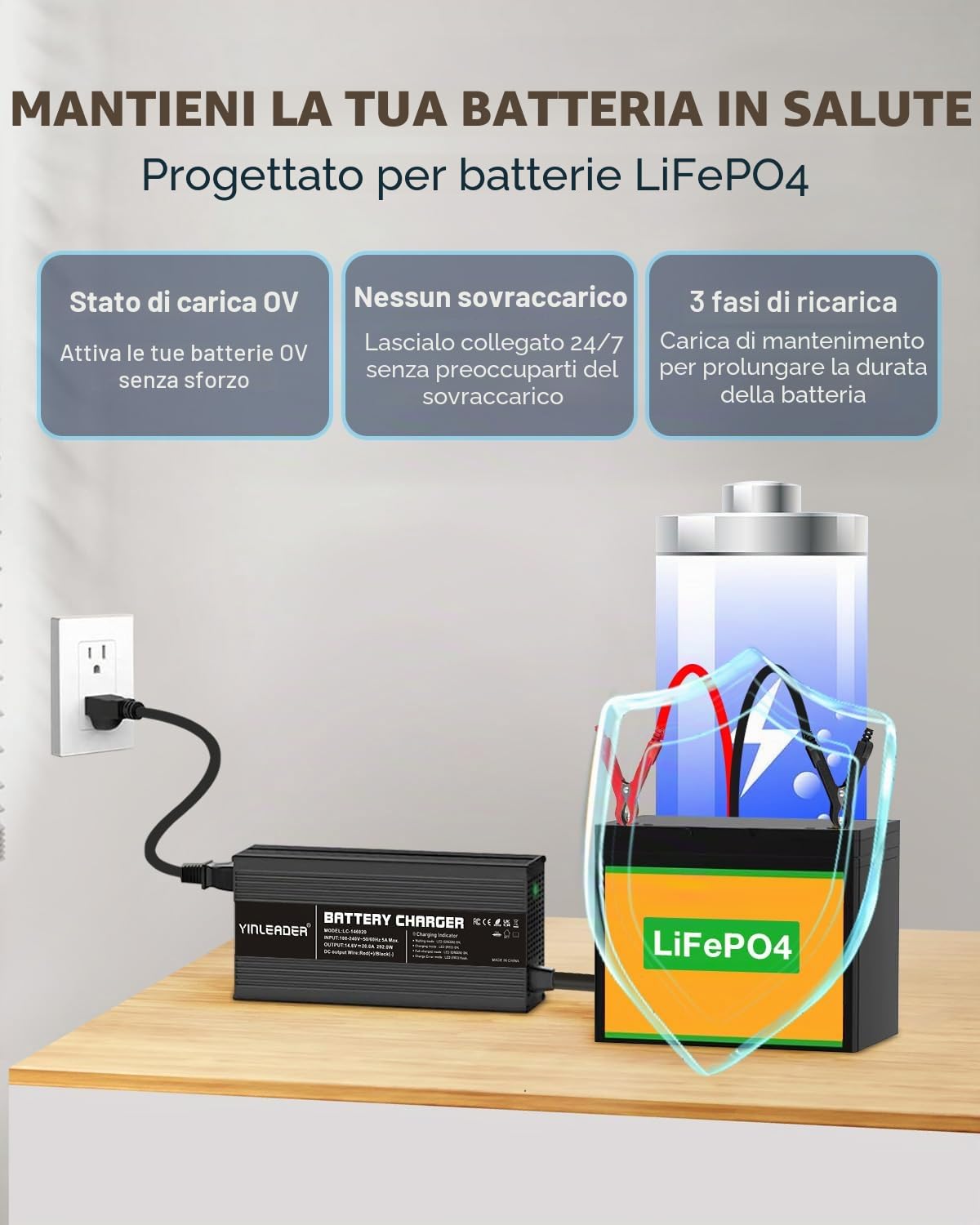Yinleader Caricatore per Batteria Auto LiFePO4 20A 12V - Caricatore Automatico Intelligente per Batterie al Litio Fosfato di Ferro 14,6V 20A - Protezione Multipla e Dimensioni Compatte