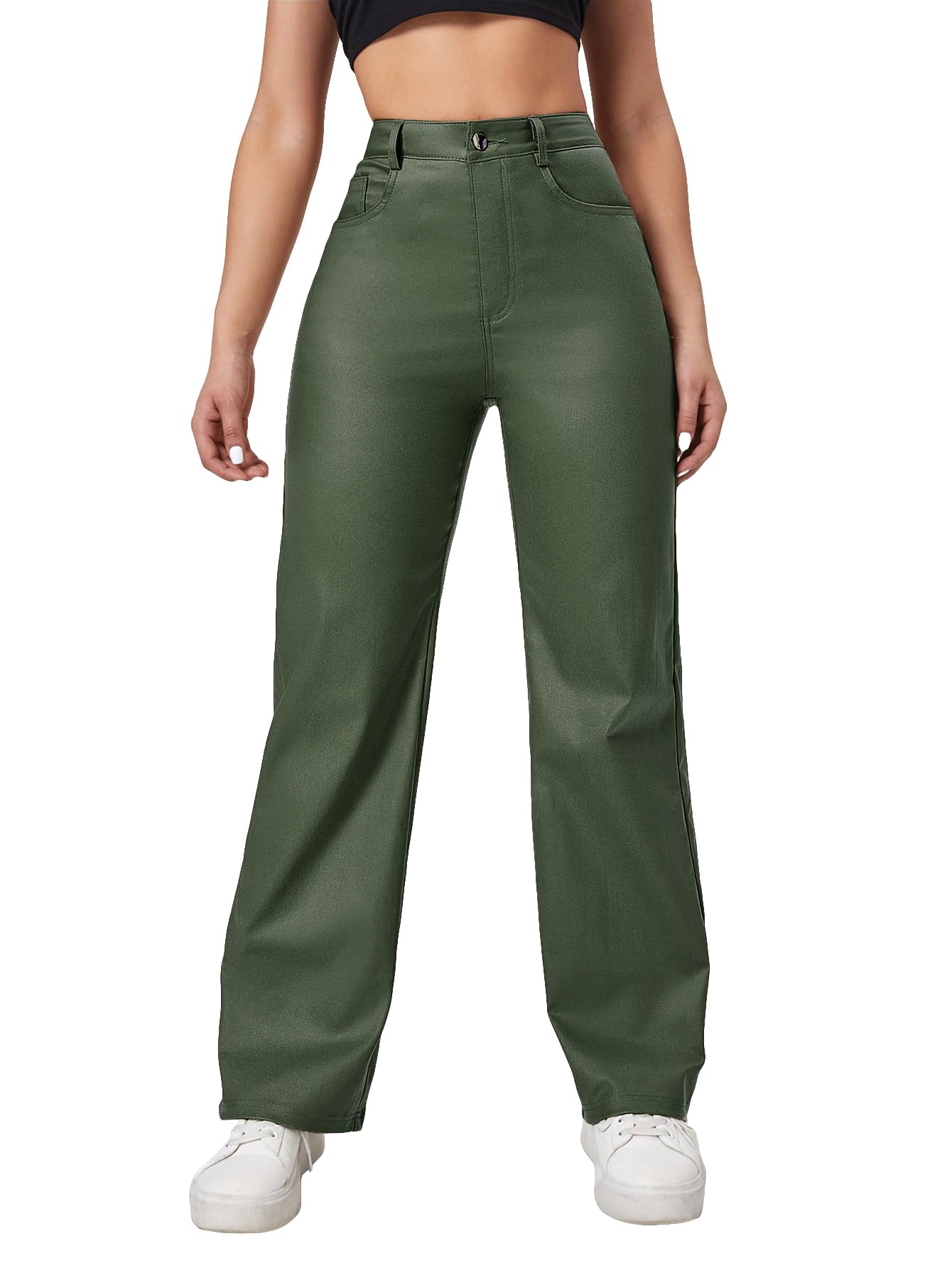 MakeMeChic Women's High Waist Pockets Straight Leg Jeans Leather Look Pants