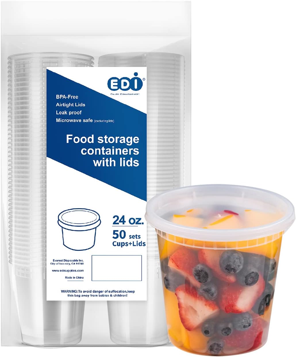 EDI 24 OZ, 50 Sets Plastic Deli Food Storage Containers with Airtight Lids | Microwave-, Freezer-, Dishwasher-Safe | BPA Free | Heavy-Duty | Meal Prep | Leakproof | Recyclable