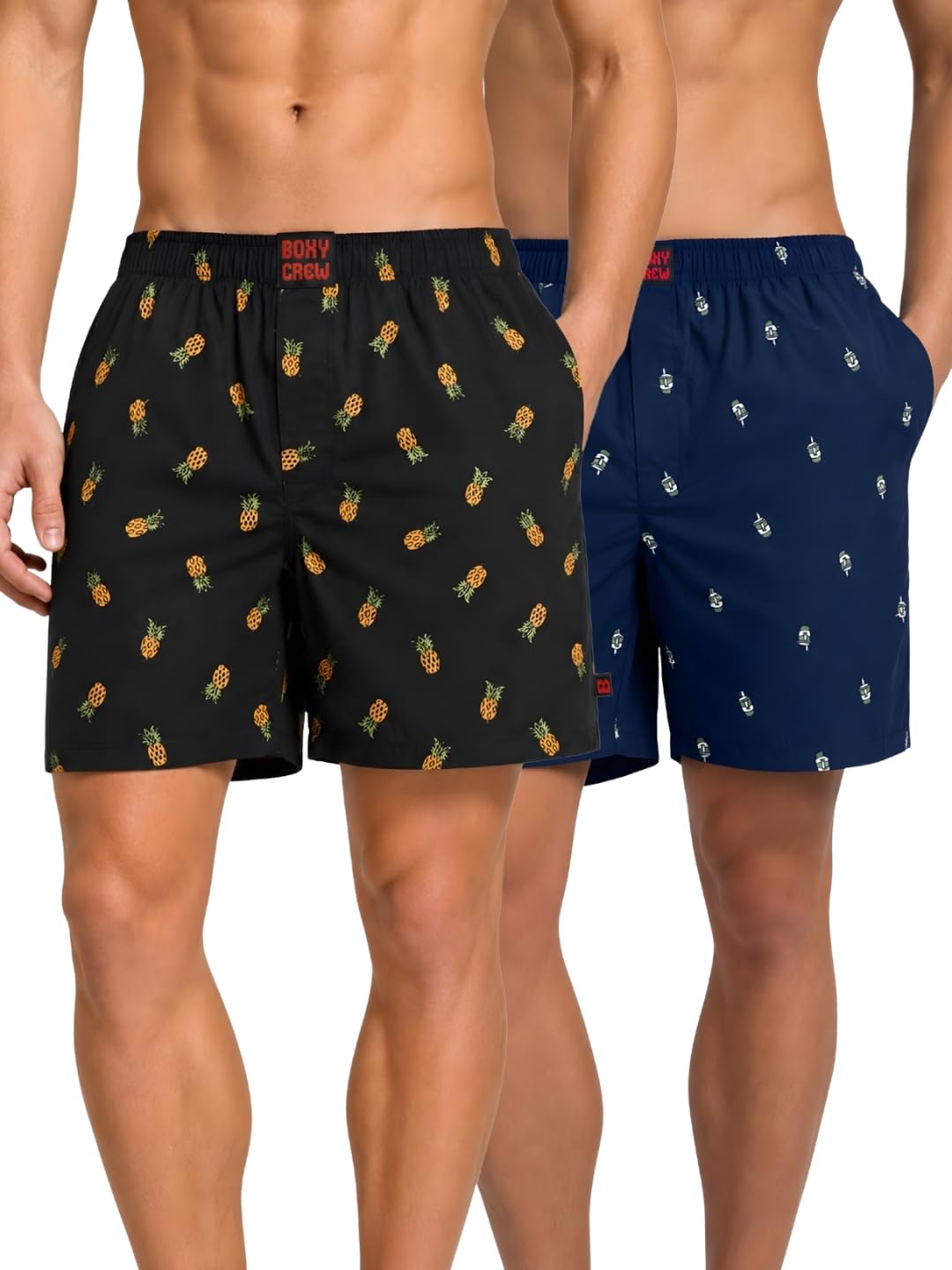 boxy crew Men Boxer Shorts Pack of 2, 100% Cotton Woven Boxers, Charcoal & Navy Blue, Printed Designs, Dual Side Pockets, No-Marks Inner Elastic Waistband, Relaxed Fit Lounge & Sleep Shorts-picture-15