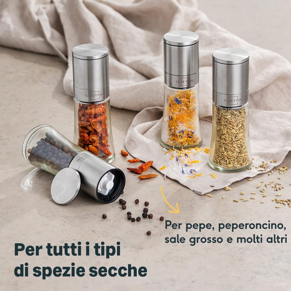 SILBERTHAL Macina sale e pepe - Set sale e pepe manuale - Acciaio inox e vetro - Macinatore conico in ceramica