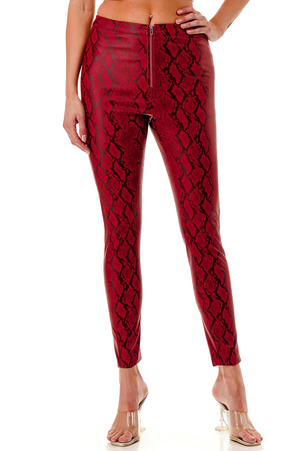 EDGY Land Womens Snake Print Faux Leather Pants High Waist Slim Fit Zipper Front Chic Party Holiday Pants