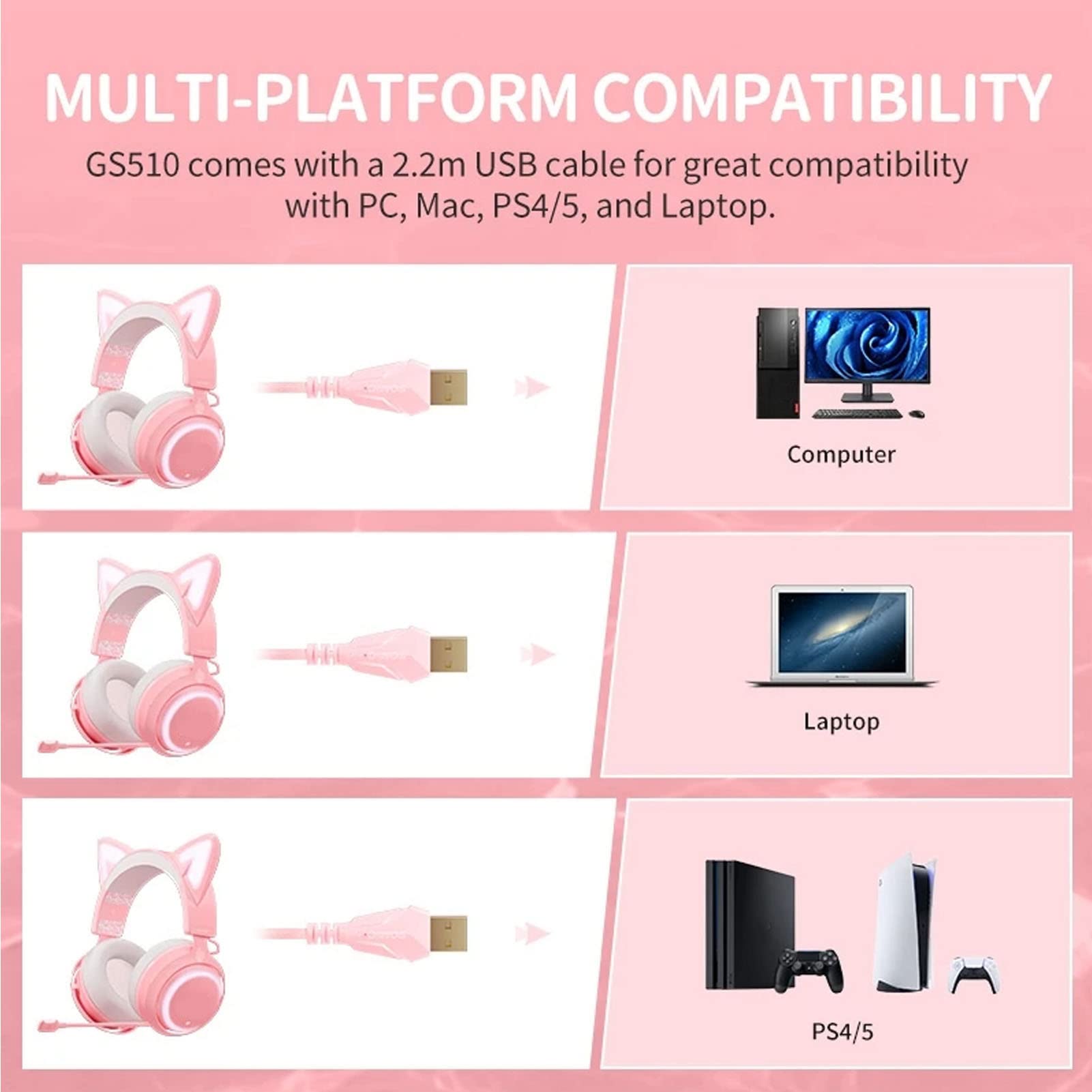 Zestaw Słuchawkowy Cat Ear, Gamingowy Zestaw Słuchawkowy Różowe Słuchawki Cat Ear Słuchawki z Redukcją Szumów z Wysuwanym i Elastycznym Mikrofonem Oraz Miękkimi Nausznikami