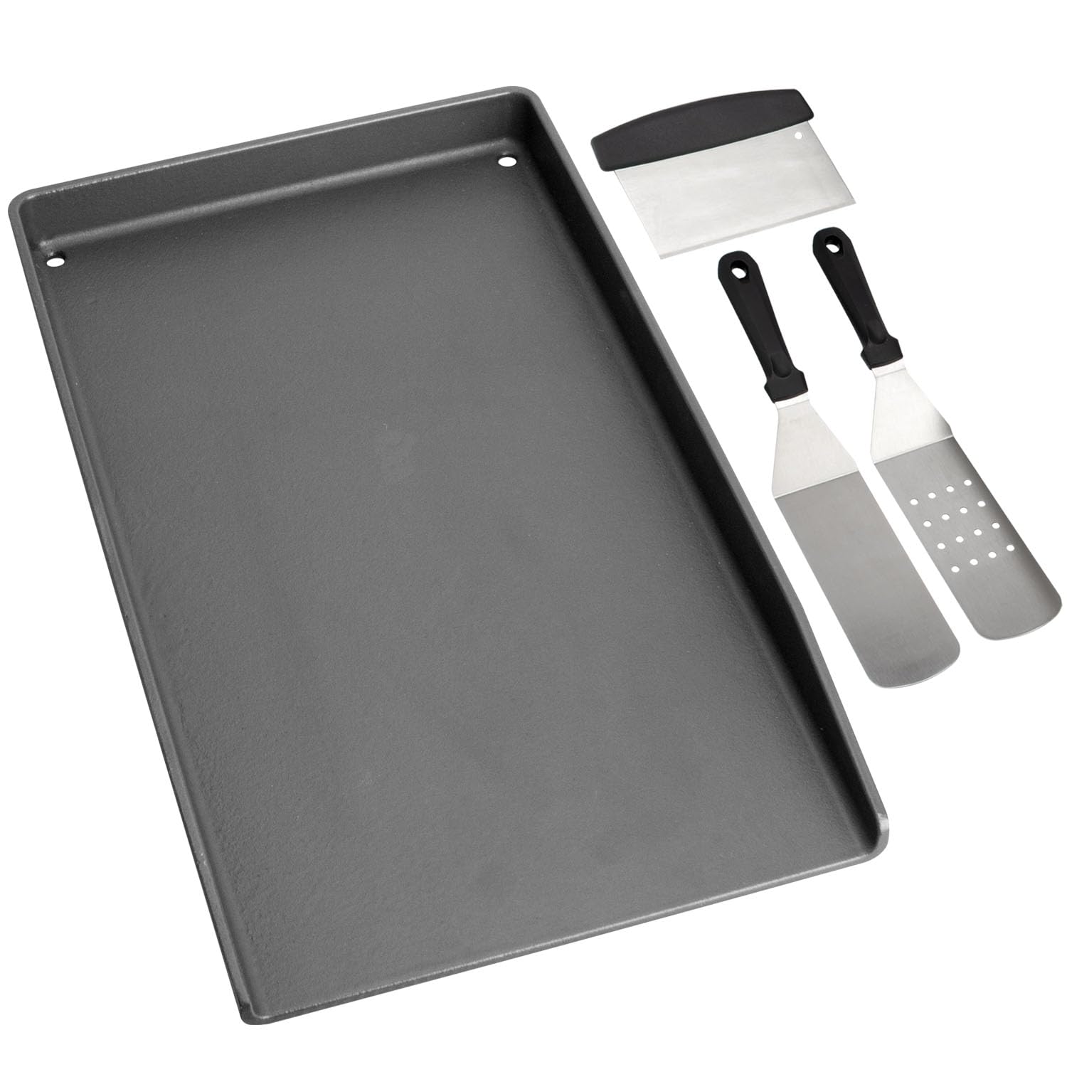 WELL GRILL Żeliwna płyta grillowa 44,5 x 26 cm z zestawem szpachli do grilla gazowego Weber Spirit 210 i 310, uniwersalna misa, akcesoria do grilla gazowego i grilla na węgiel drzewny