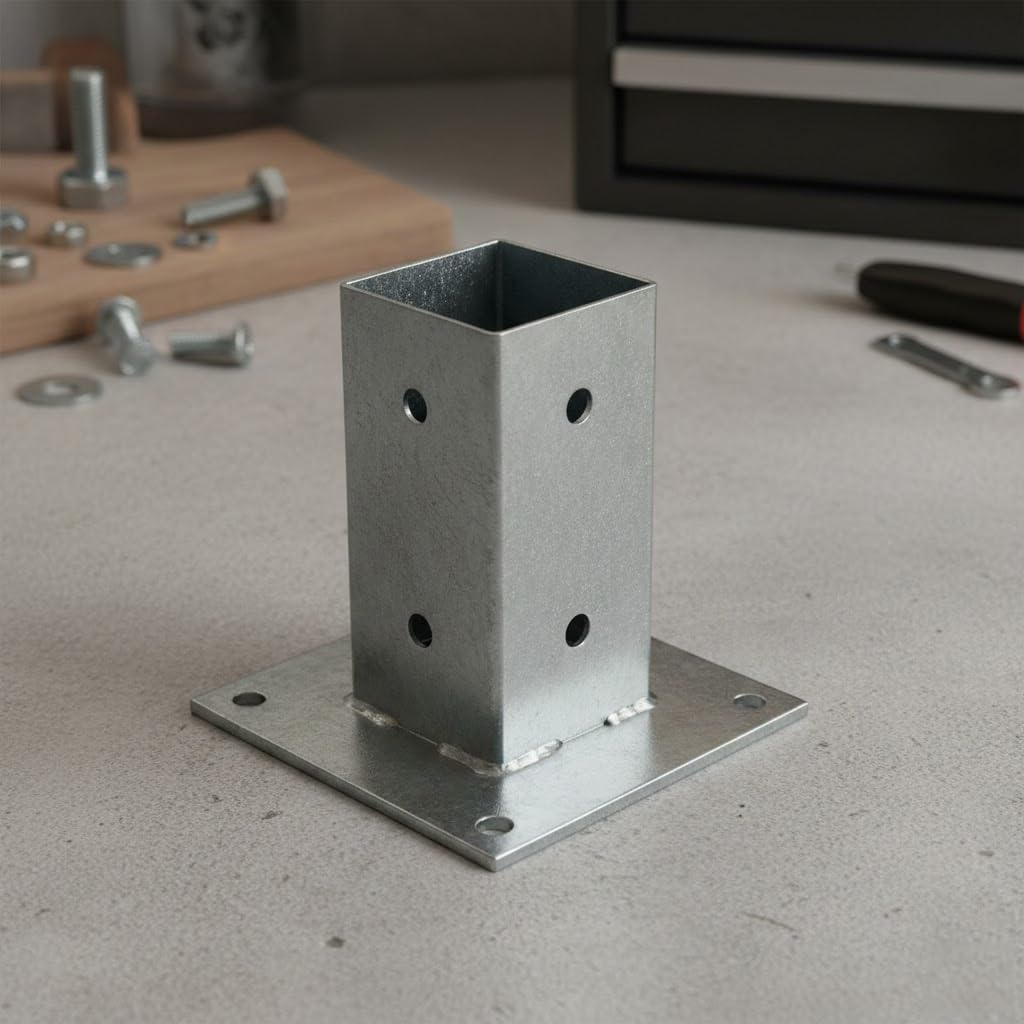 Suinga Base para Poste Zincada Acero | Soporte para Postes de Madera Cuadrados para Anclaje en Suelo | Escuadras Metalicas para Fijacion de Vallas, Vigas Madera, Estructura Decorativa (4, 14x14 cm)
