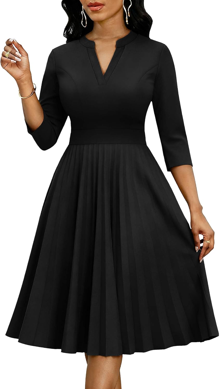 Nmoder Midi Dresses for Women, Cocktail Pleated Casual 3/4 Sleeve A-Line Church V Neck Elegant Dress