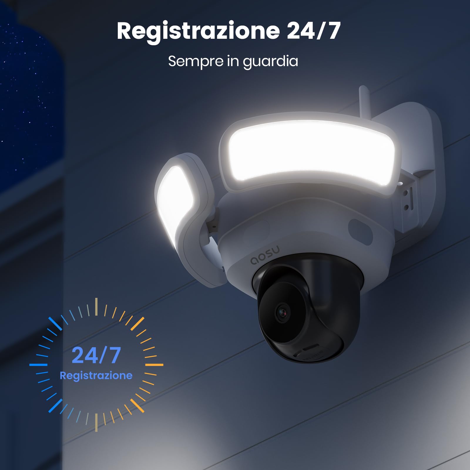 aosu 3K Telecamera di Sorveglianza Esterna con Luce, 2600 LM, 360° IA | 3 sensori PIR, Registrazione 24/7, Visione notturna, IP65 impermeabile, Wi‑Fi 2,4 GHz, Per ingresso/giardino