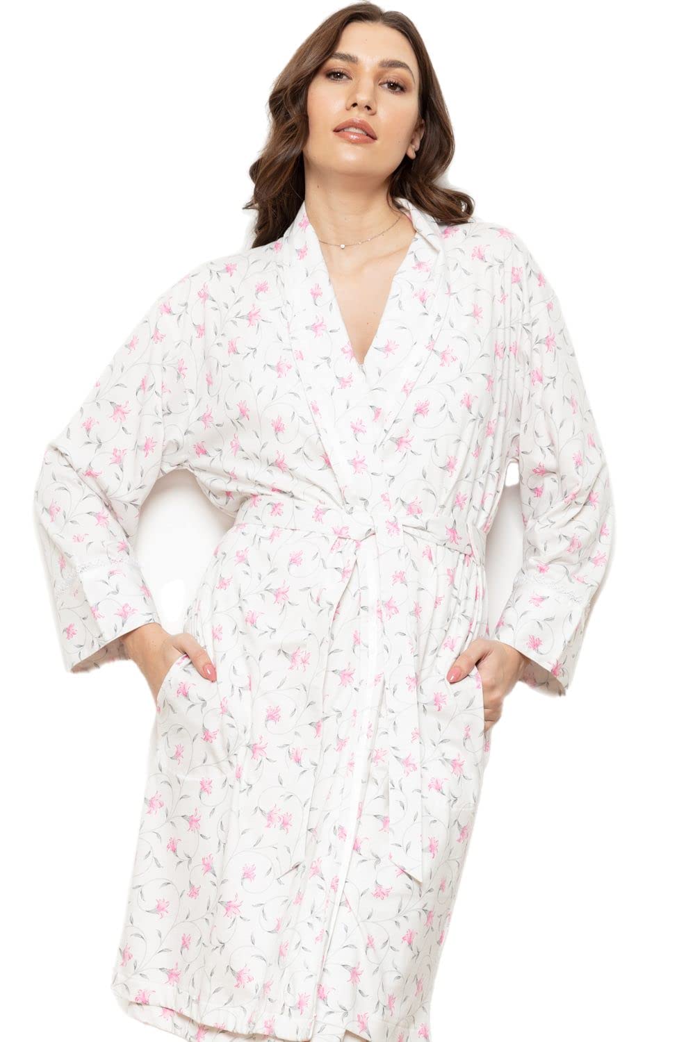 Cottonreal 'Fernan' White Cotton Jersey Pink Freesia Floral Print Dressing Gown Robe