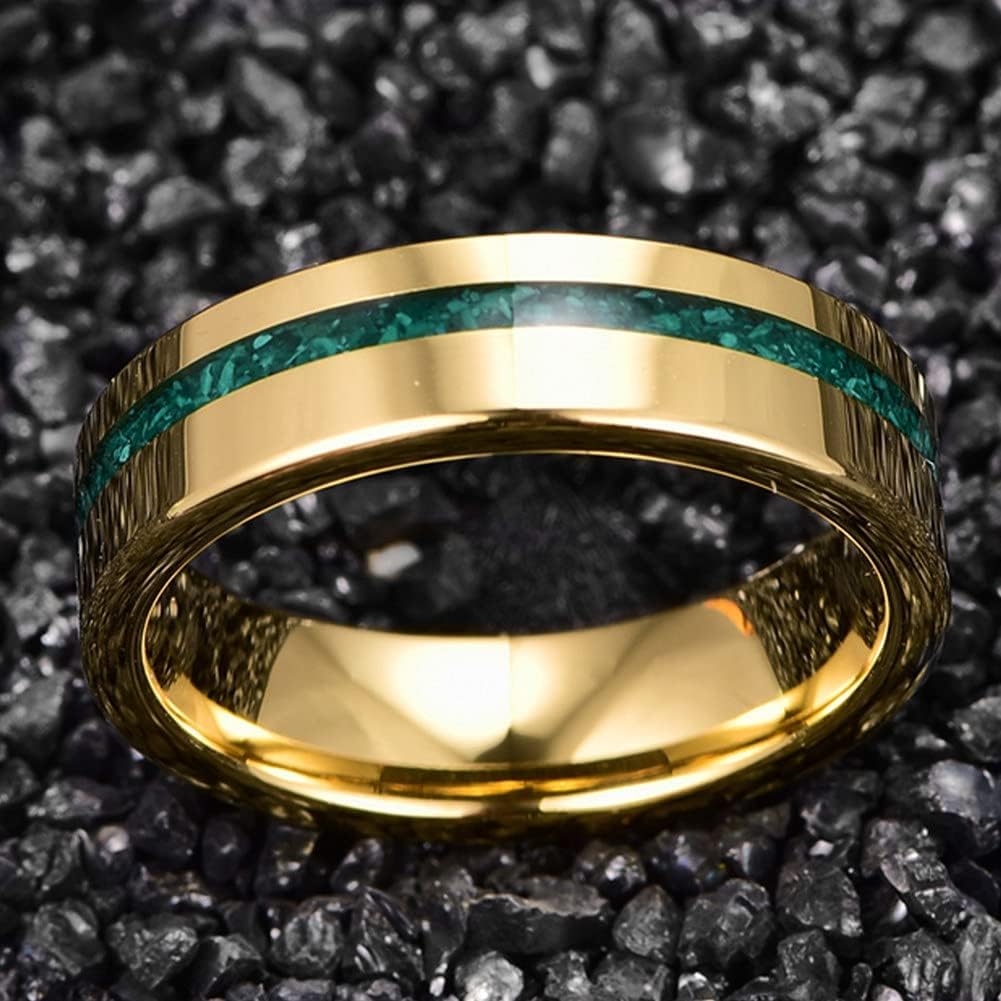 NUNCAD Men's 6mm 14K Gold Plated Tungsten Wedding Bands with Crushed Green Created-Opal/Malachite Inlaid High Polished Finish Size 6-12 - Image 3