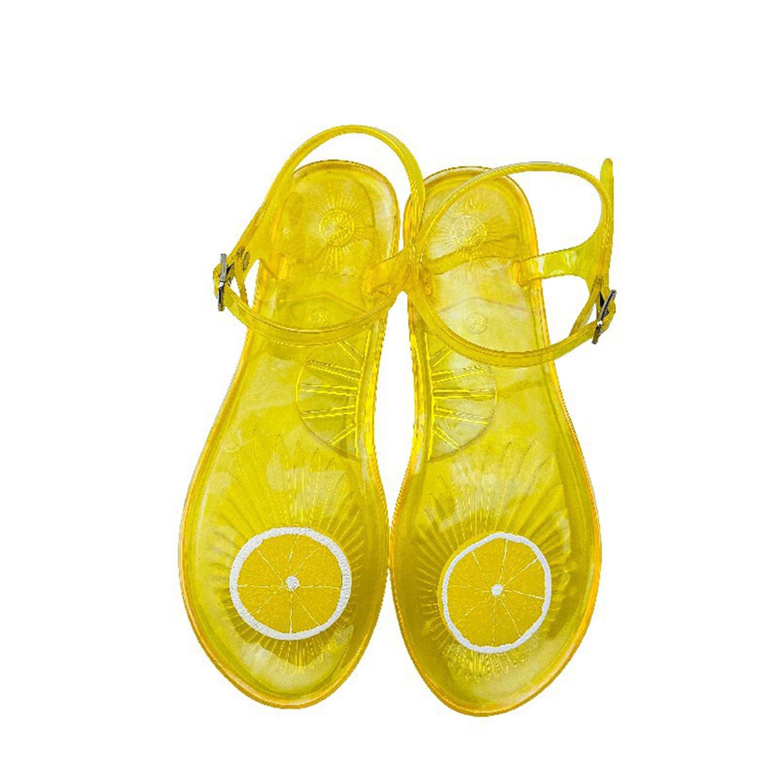 CPMBFDC Women's Transparent Fruit Jelly Flat Flip Flops Beach Jelly Sandals Women's Flat Flip Flops Transparent Jelly Sandals (Yellow Lemon,6)
