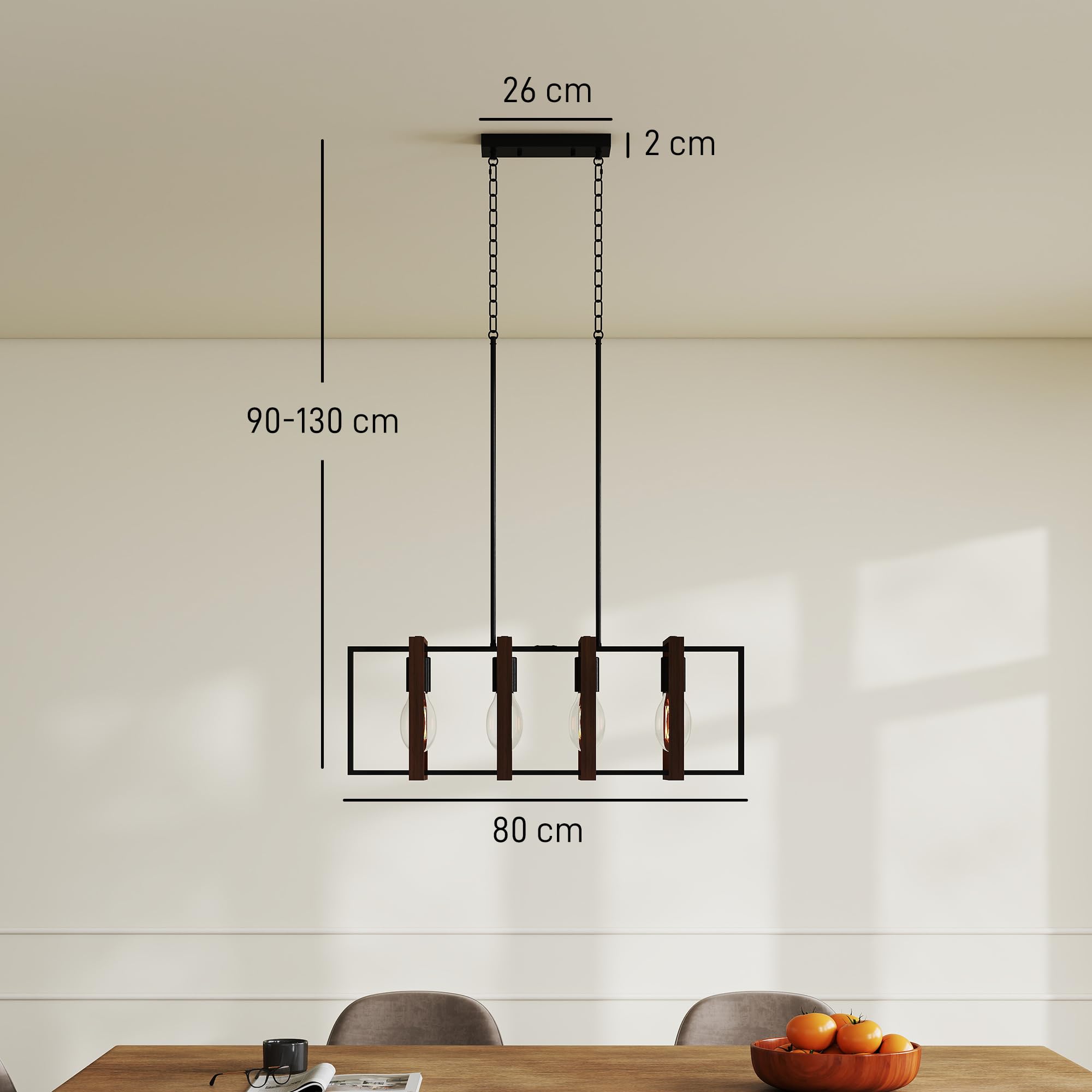 HOMCOM Lampadario a Sospensione 80x21x90-130 cm Nero e Marrone Noce | Altezza Regolabile, Stile Aziendale, Prese E27, Soggiorno Sala Da Pranzo Corridoio, Lampadina Non Inclusa