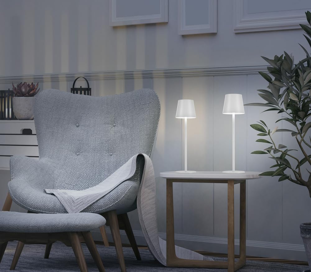 Just Light. LED Tischleuchte 2er SET, Weiß, Akku USB, Touchdimmer Dimmbar | IP54 Außen, Garten/Camping/Balkon/Terrasse, Metall/Kunststoff