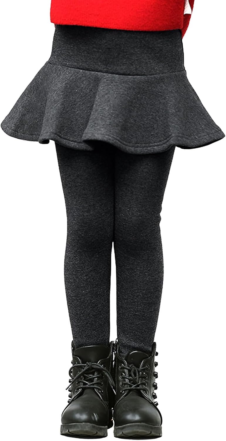 LOLANTA Girls Fleece Lined Leggings with Skirt Warm Winter Pants Kids Footless Ruffle Pantskirt