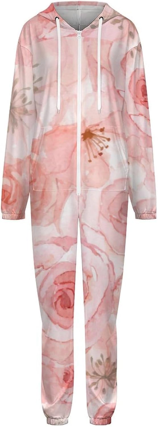 Watercolor Rose Onesie Pajamas for Women/Men Long Sleeves Funny One-Piece Costume Hooded Zip-up Homewear