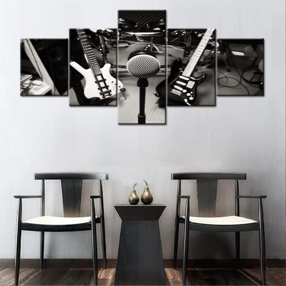 Stampa artistica da parete in bianco e nero con DJ Music Studio Rock Band Stampe su tela Decalcomanie decorative per soggiorno camera da letto immagini moderne di natura morta 5 pannelli poster HD