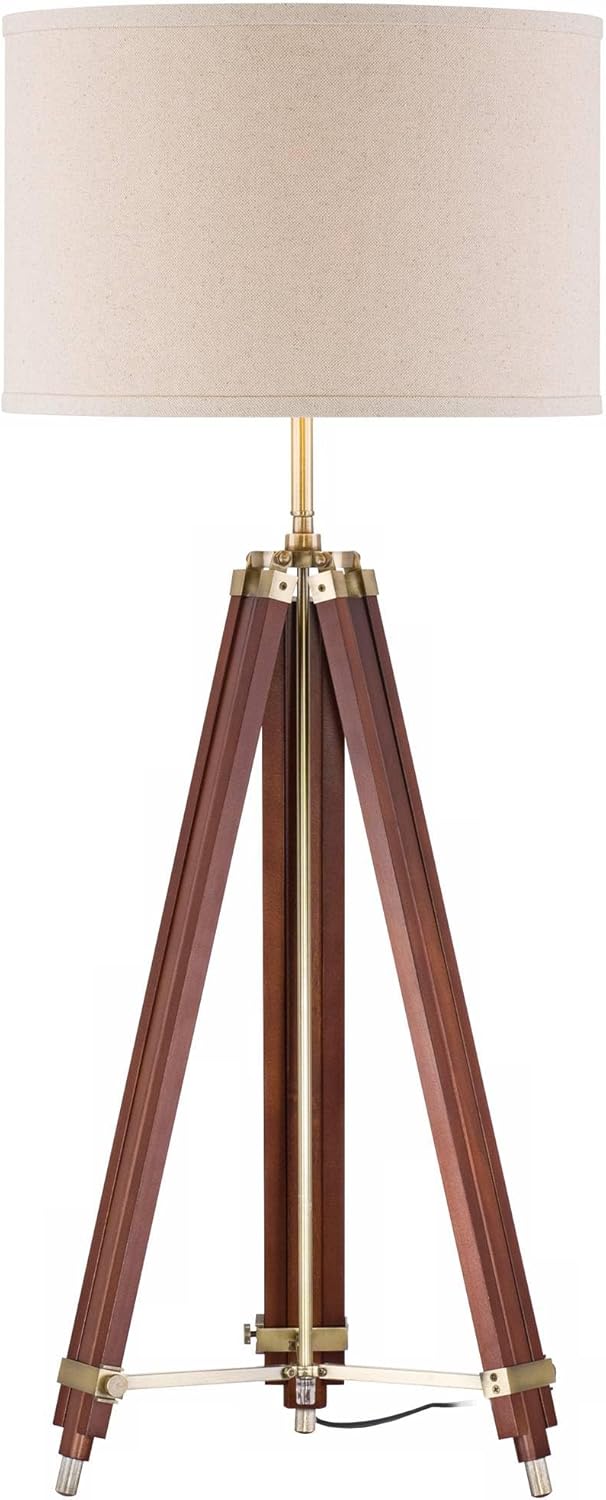 Possini Euro Design Surveyor Modern Industrial 57 1/2" Tall Tripod Floor Lamp with Smart Socket Cherry Wood Brass Adjustable Beige Linen Drum Shade for Cottage Core Living Room Family Bedroom Office