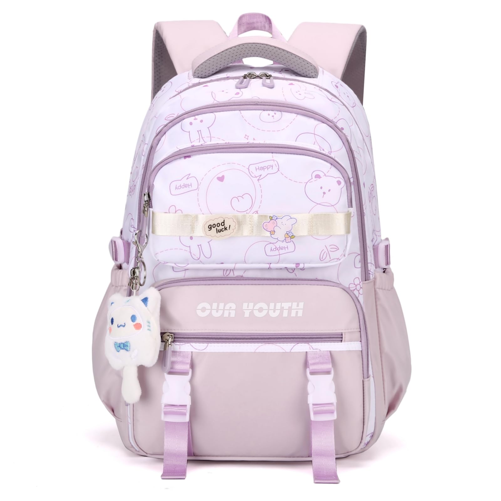 IvyH Mochila Escolar Niña Kawaii - Mochila Colegio Ligera e Impermeable con 32 Litros de Capacidad para Niñas Adolescentes de 8 a 16 Años, Fabricada de Nailon, Incluye Colgante Adorable, Morado