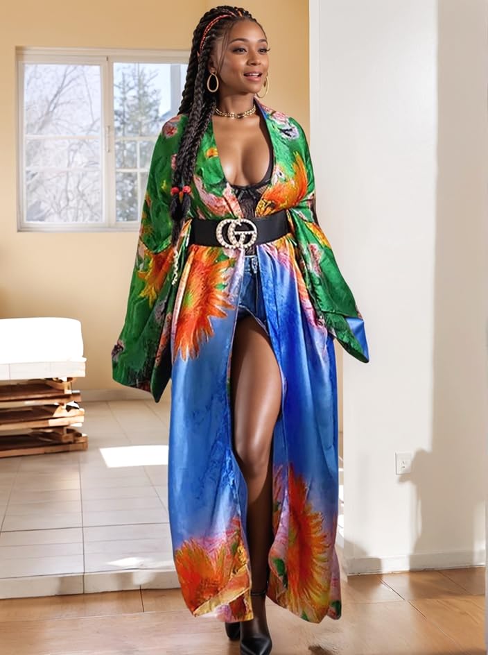 Image of Kimono Cardigan for Women Long Boho Satin Kimono Robes Plus Size Open Front Beach Swimsuit Cover Ups Lightweight Duster