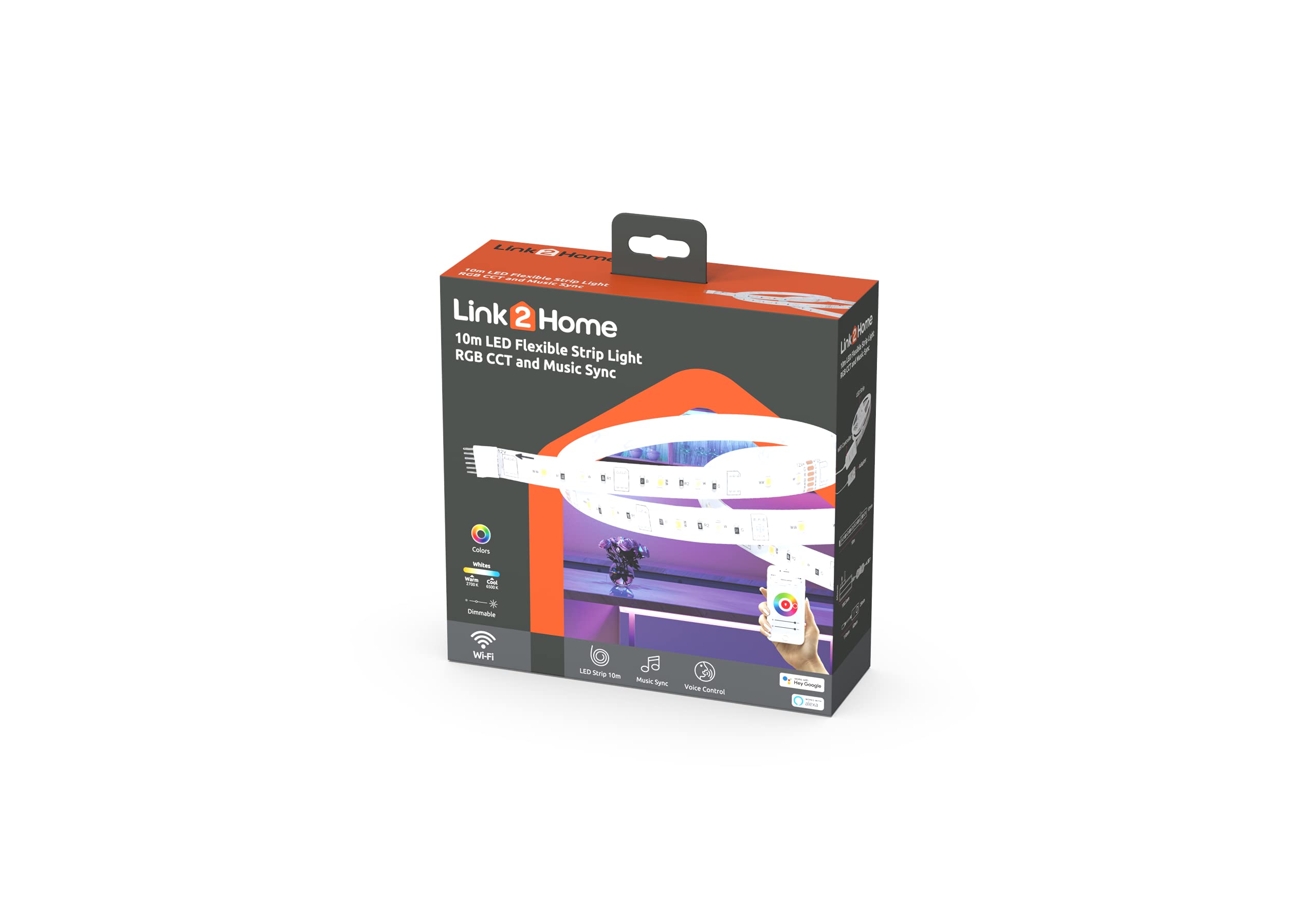 Link 2 Home LED Flexible Strip Light (10m), Colour-Changing RGB CCT with WiFi, Bluetooth and Music Sync