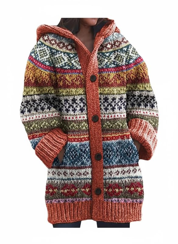 Womens Hooded Cardigan Colorful Pattern Knit Sweaters Graphic Print Hoodies Jackets with Pockets
