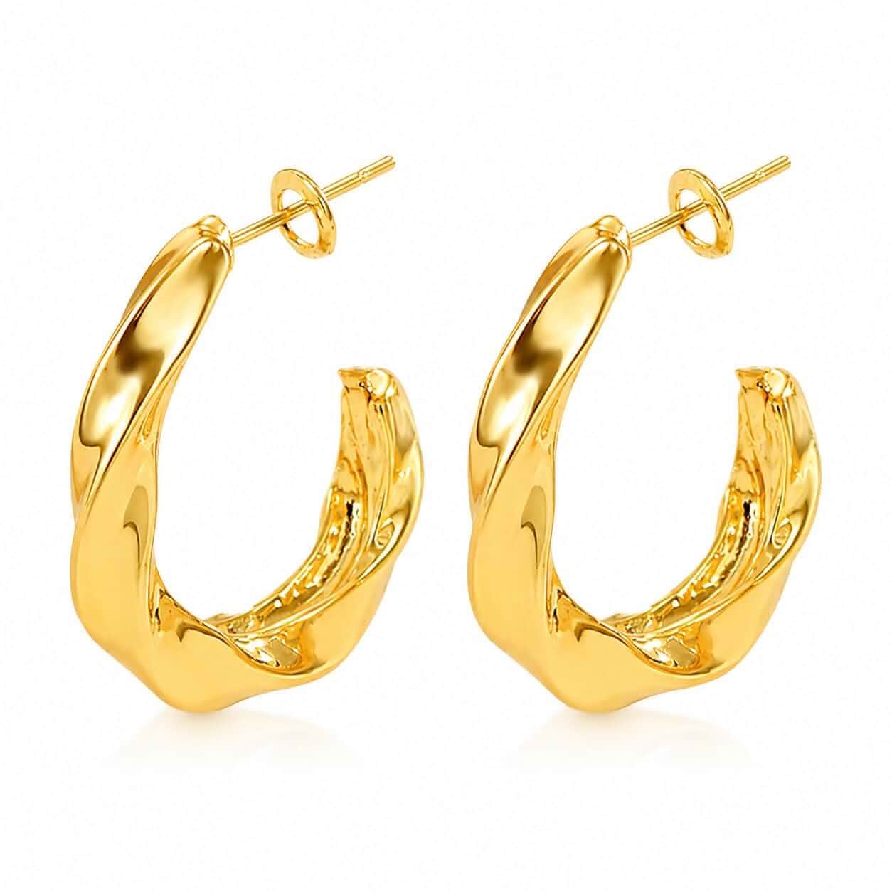 Gold Chunky Hoop Earrings, Sculptural Statement Open Hoops for Women Chunky Hoop Design; High Polished Gold Finish; Sculptural Curved Shape; Open Hoop Style; Lightweight Statement Jewelry