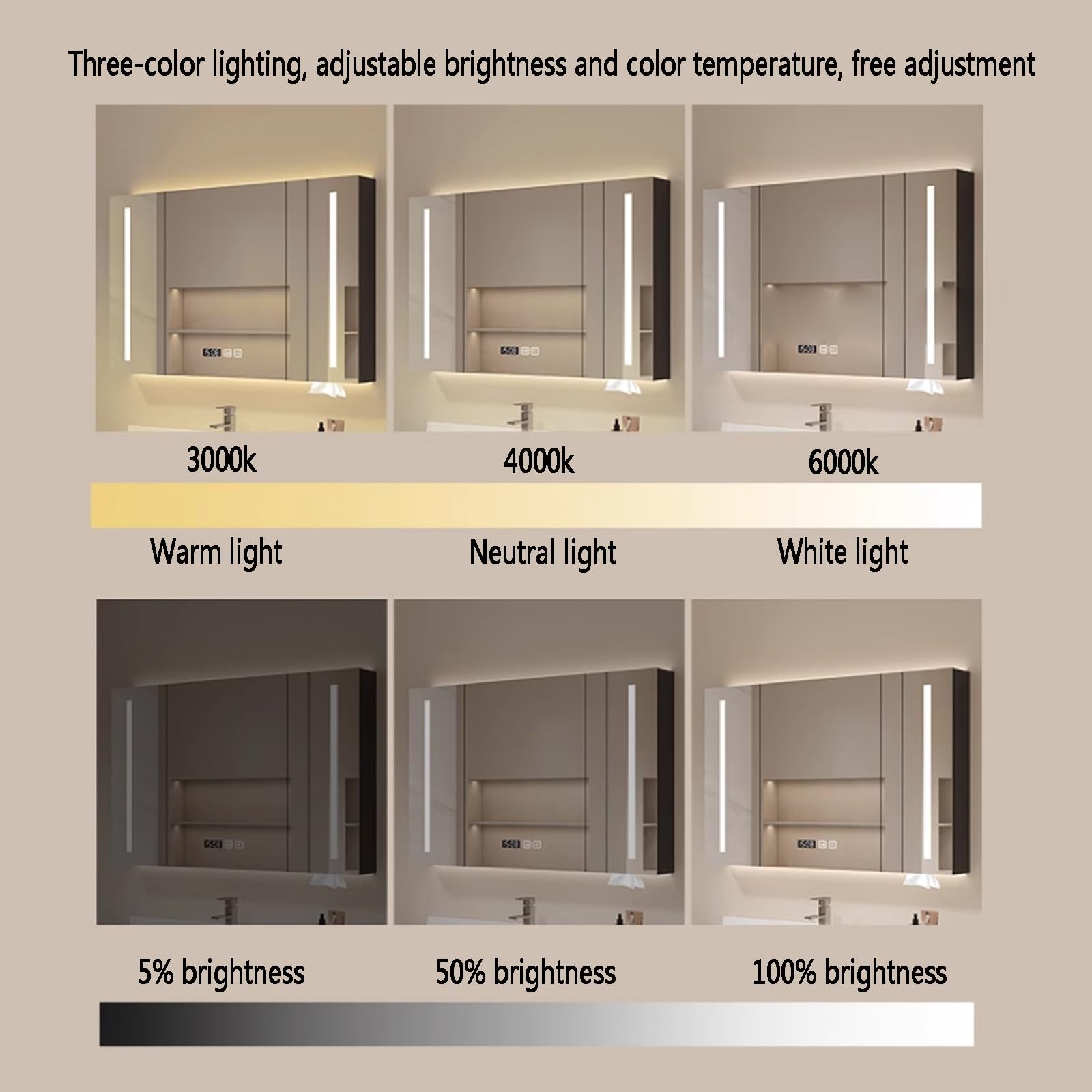 Armario de Pared Rectangular Antivaho,armario espejo baño con led luz tricolor,Gabinete De Espejo De Tocador De Baño Montado En La Pared,armario espejo baño led Con agujeros de papel,tiempo temperatur