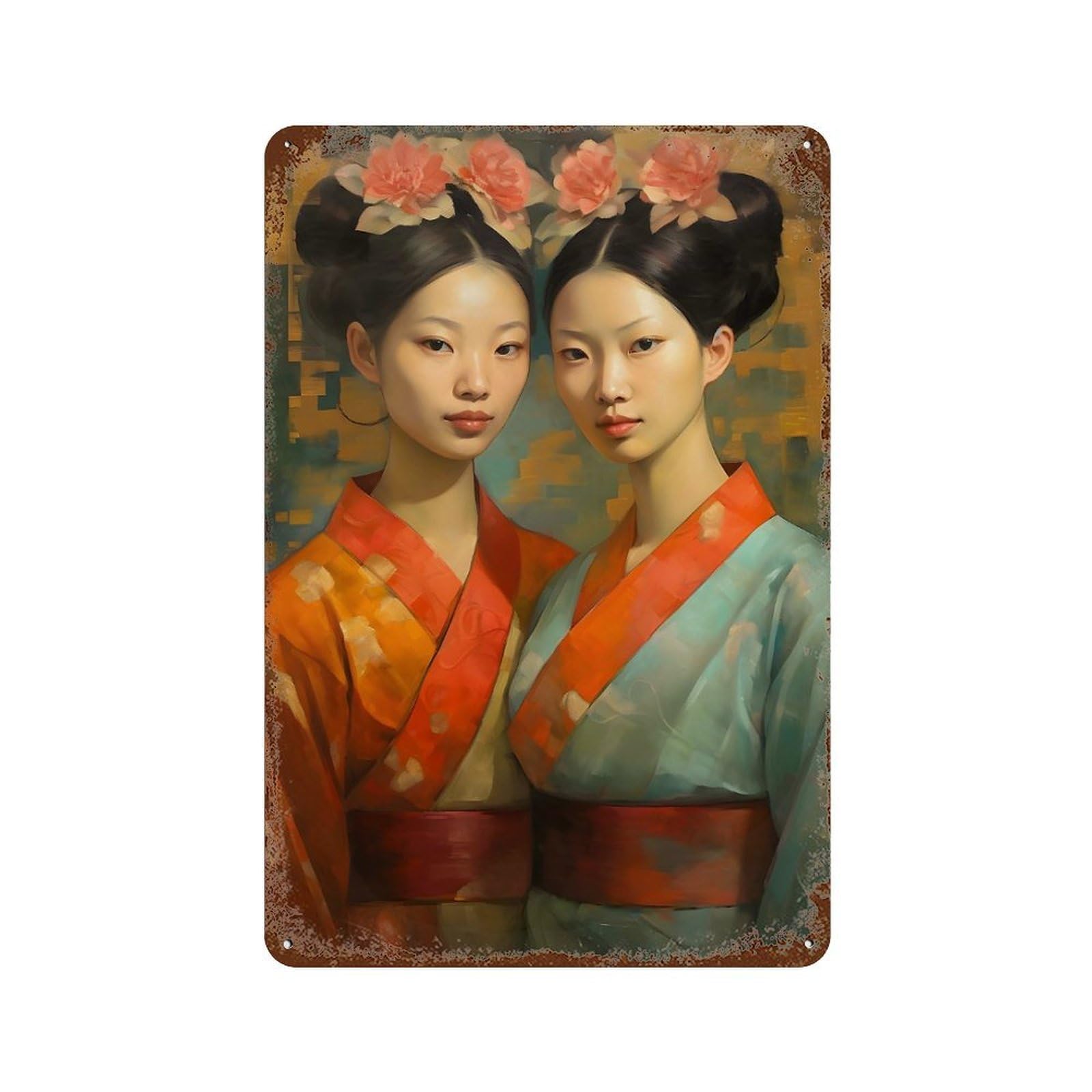 Retro Metal Sign with Painted Asian Twins Design 11.8"x7.9", for Shed, Workshop And Garage Wall Decor, Old School Wall Decor