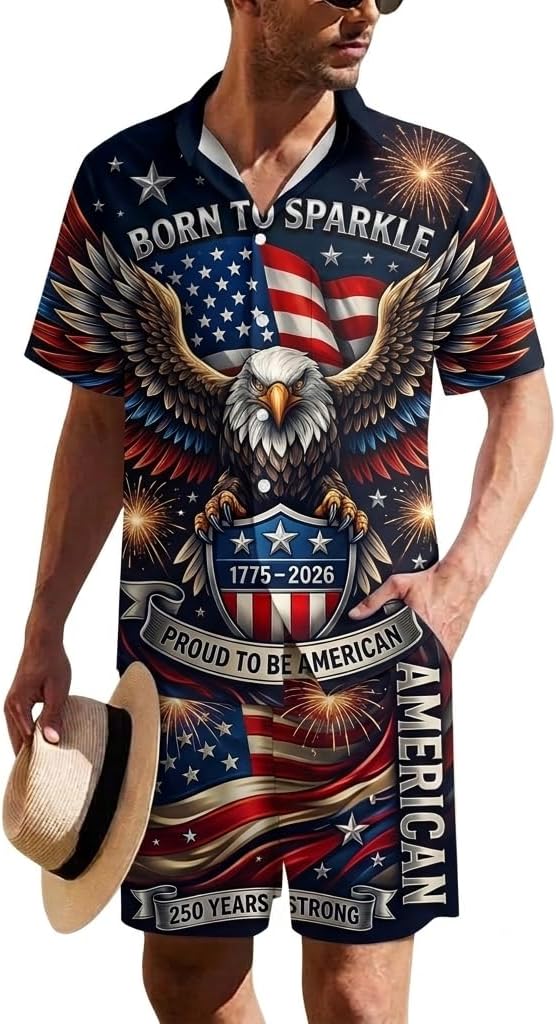 America’s 250th Anniversary Men 2 Piece Hawaiian Shirt Set Patriotic Outfit Gifts for Independence Day