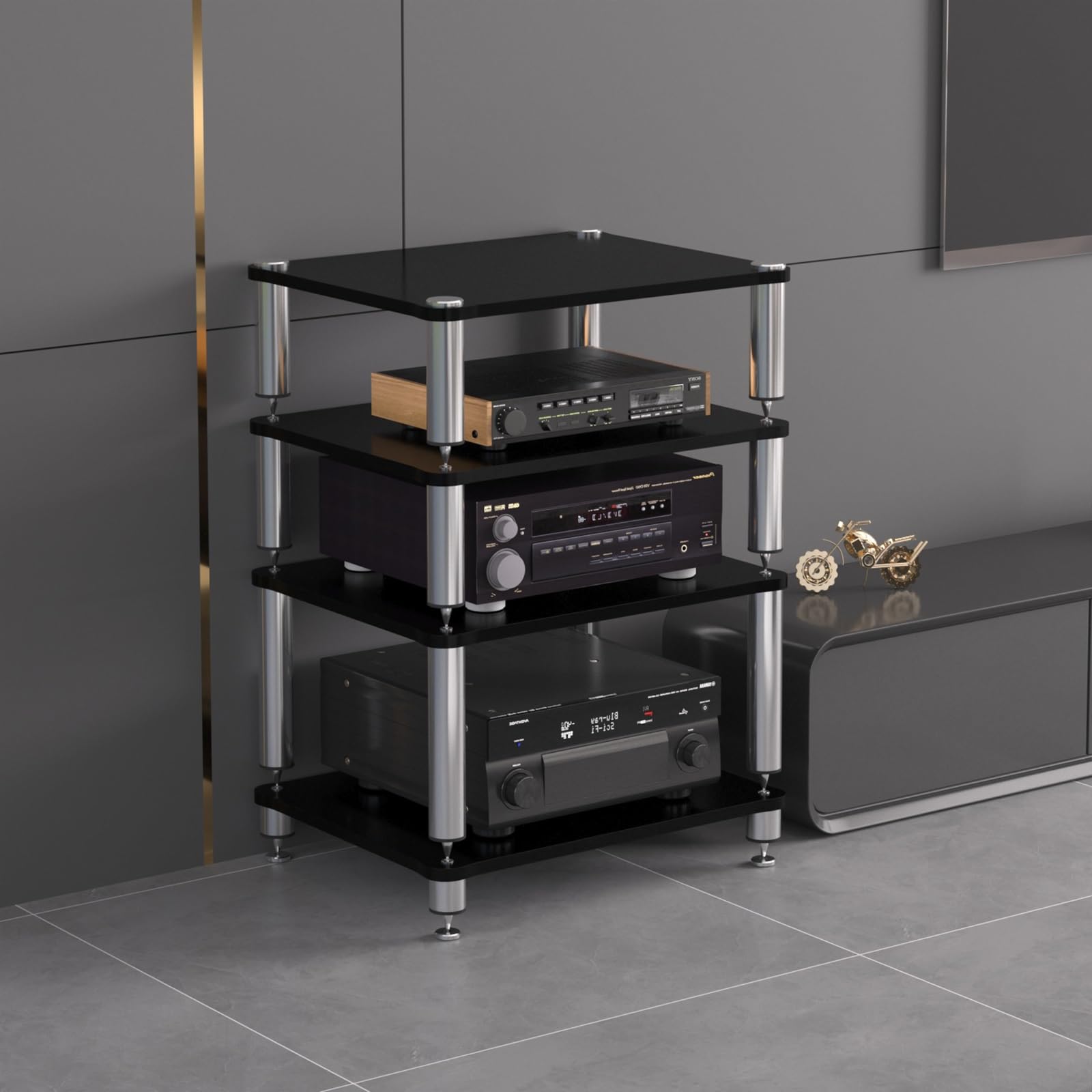 HiFi 4-poziomowy stojak multimedialny AV, drewniana szafka na gramofon, wieża stereo do przechowywania audio-wideo, czarna konsola rozrywkowa i stylowy design