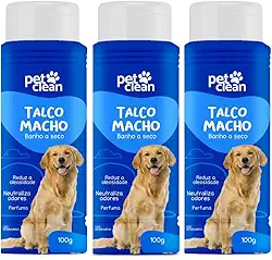 Pet Clean Talco Banho a Seco para Cães Machos, 100g, Reduz Oleosidade e Neutraliza Odores, Kit com 3 Unidades