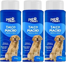 Pet Clean Talco Banho a Seco para Cães Machos, 100g, Reduz Oleosidade e Neutraliza Odores, Kit com 3 Unidades
