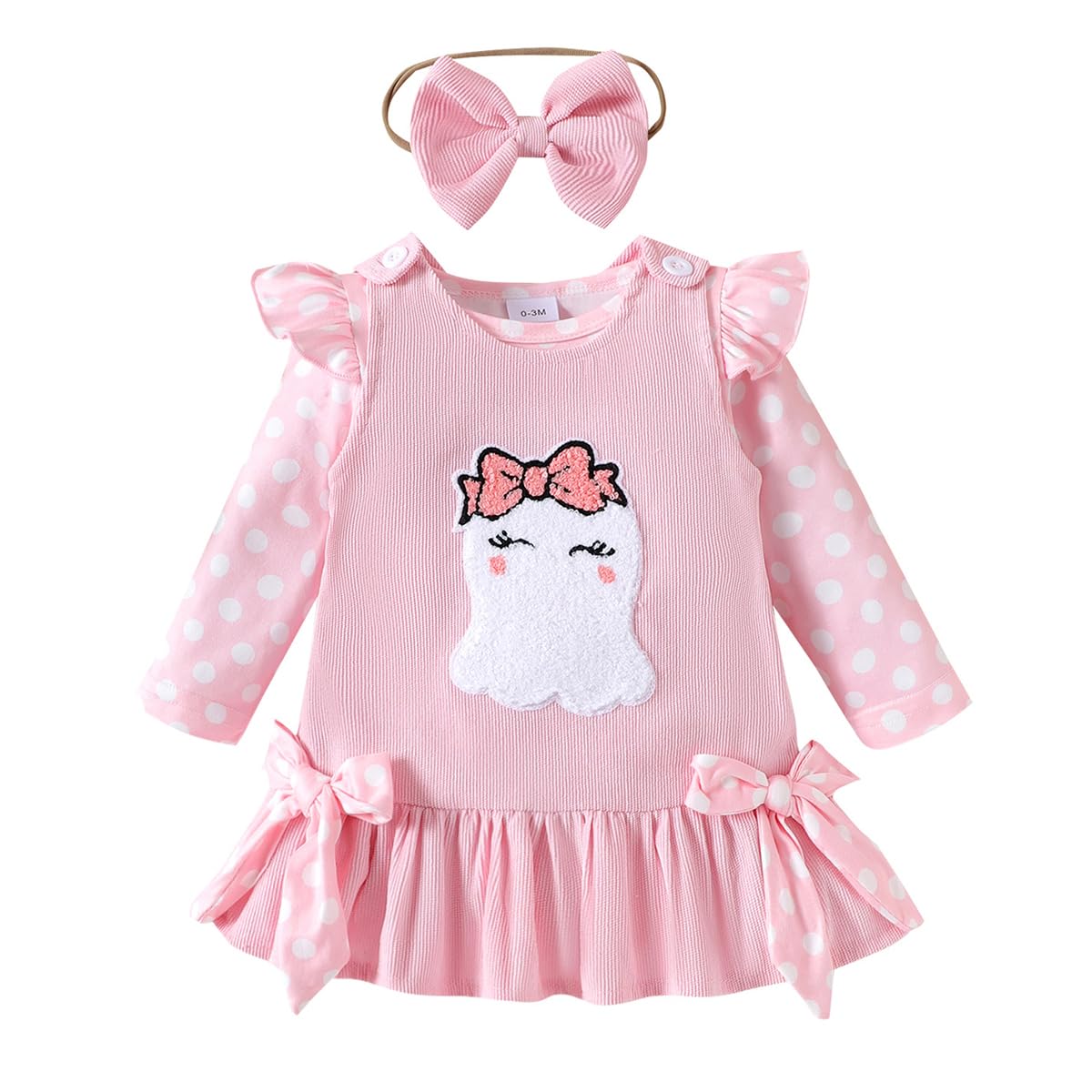 Baby Mädchen Halloween Röcke Sets Rüschen Langarm Tupfen Strampler Top + Süß Kürbis Overalls Hosenträger Kleid Herbst Kleidung Outfits 3Pcs Rosa Kürbis 12-18 Monate