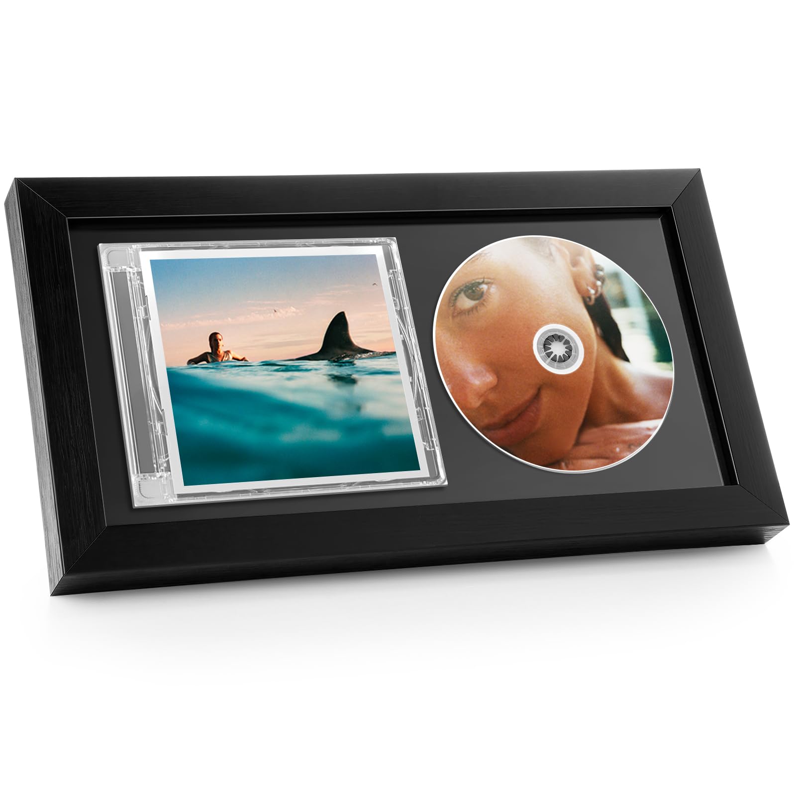 CD Music Frame, Black Matting Display Disc and CD Box, Self Standing with Wall Hanger, Solid Wood CD Display Frame, 1 Pack