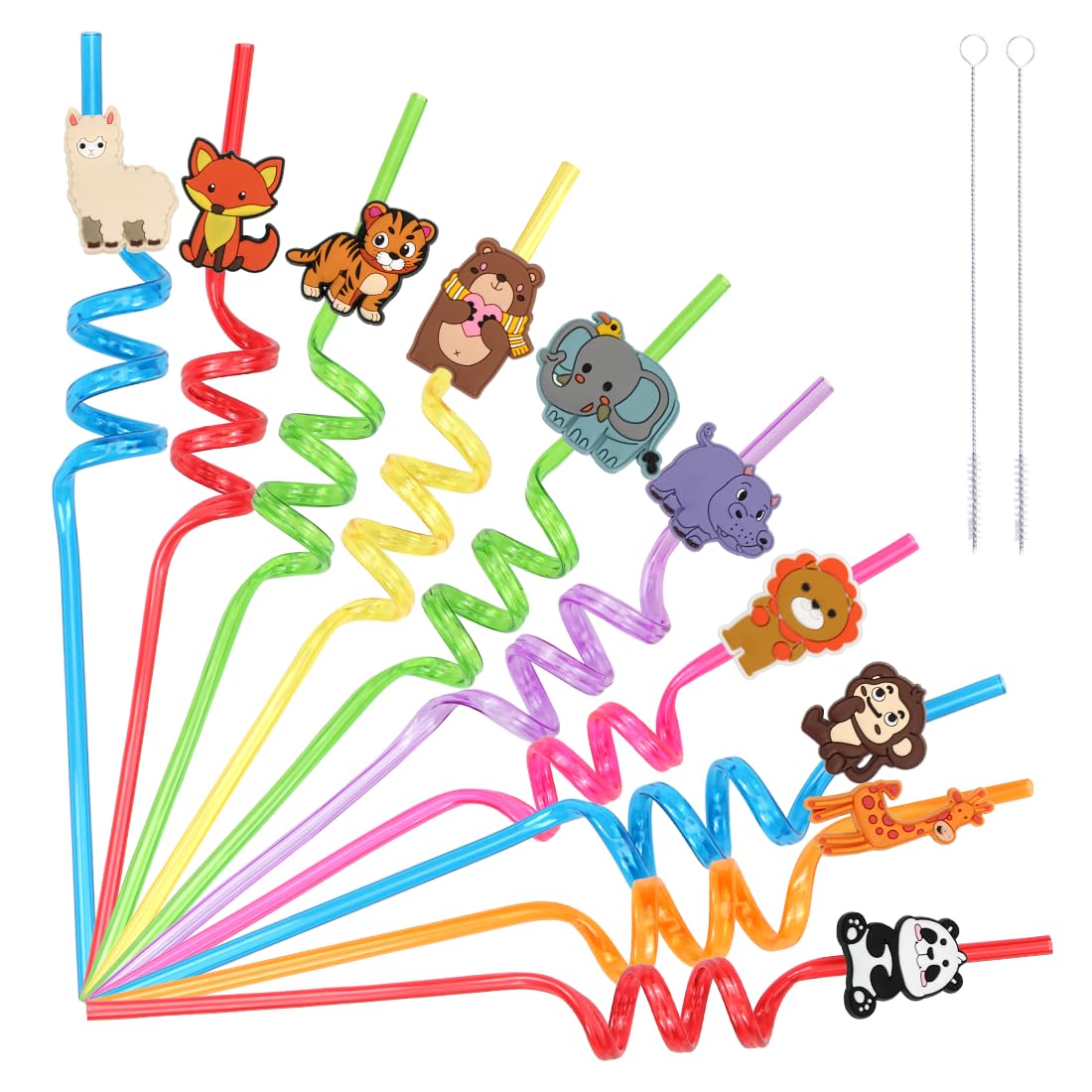 Pajitas para niños, 10 unidades, reutilizables, animales de la selva con cepillo de paja, pajitas de cumpleaños infantiles, pajitas de plástico coloridas como suministros de fiesta para cumpleaños