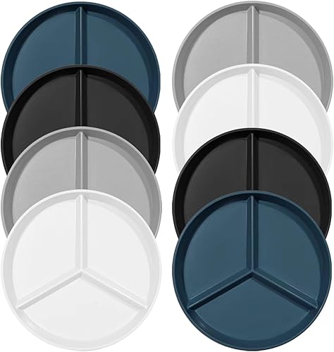 9.6-Inch (8 Pieces) Unbreakable Portion Control Wheat Plastic Dinner Plate (CompartmentPicnic Plate) colorful