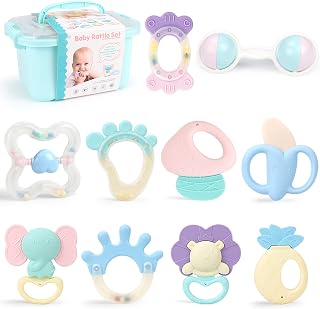 Baby Rattle Teething Toys for Babies 0-6-12 Months, 10PCS Grab Spin Rattle Shaker Early Educational Toys with Storage Box, Soothing Teether, Baby Toys 6 to 12 Months Infant Newborn Baby Gift