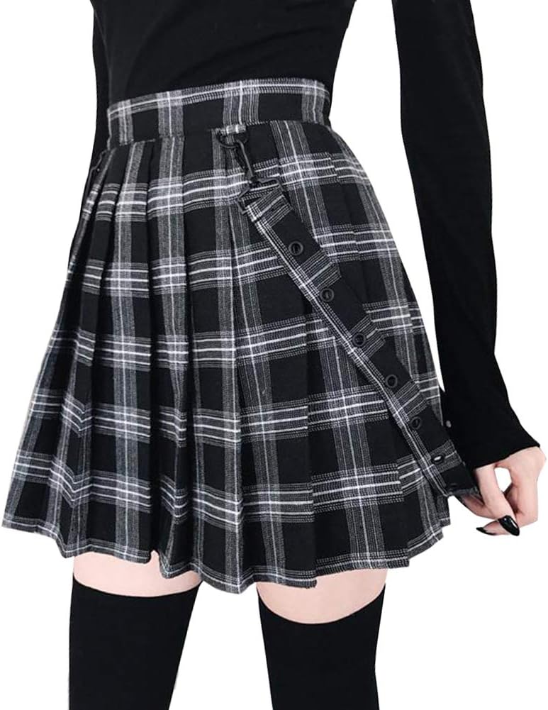 Women's Cool Sweet A-Line Decorative Strap Plaid Pleated Mini Skirt