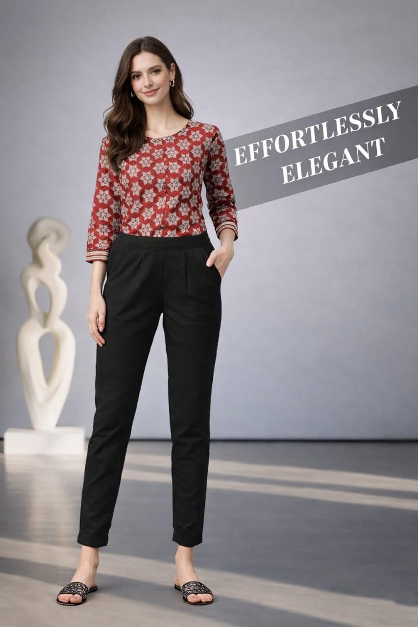 DIGITAL SHOPEE Trouser Cotton Pants for Woman | Straight Cigarette Pant | Regular Fit for Office School Formal Casual Daily Use Black L 4