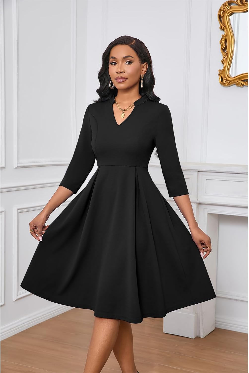 Max2co Midi Dresses for Women Semi Formal Fit and Flare A-Line Swing Dress 3/4 Sleeve Church Cocktail Dress with Pockets - Image 2
