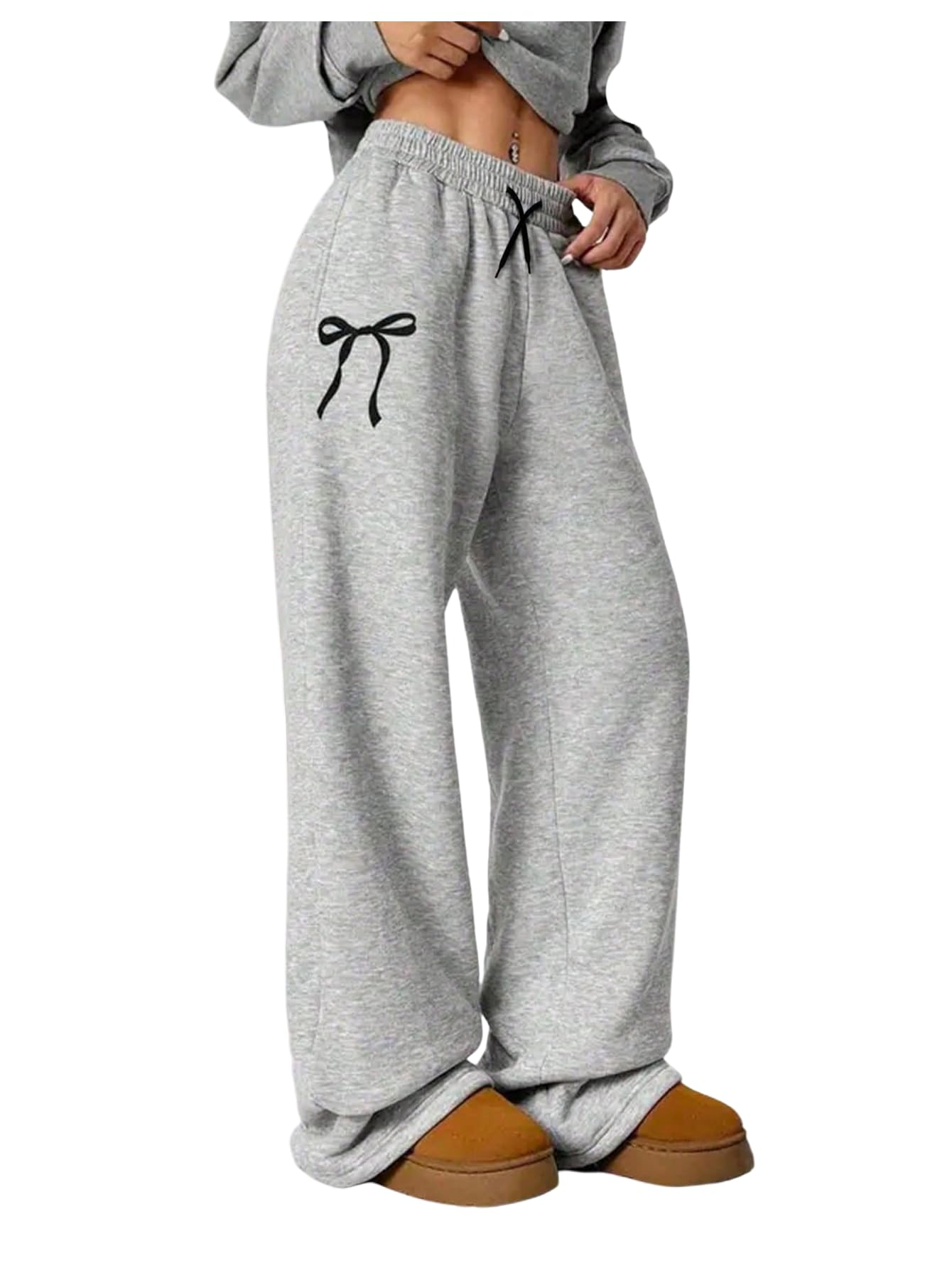 SweatyRocks Womens Plus Size Bow Print Wide Leg Pants Y2k Drawstring Elastic Waist Loose Trousers